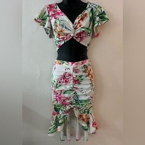 Fashion Nova Tropical Floral Blouse - Pink and Green